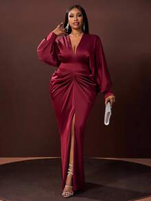 Veslaya Burgundy Autumn Elegant Formal Wedding Plus Size Women's Dress,Satin V-Neck Long Sleeve Ruched Waist Maxi Dress With High Slit For Party Date Night - Burgundy - View 6