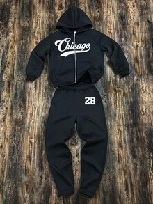 SHEIN 2件套青少年男童宽松字母图案连帽衫和运动裤套装 - 黑色 - 查看 2