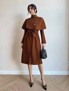 Firerie Women's Elegant, Refined, Dignified Daily, Street Fashion, Commute, Teacher Cape-Style With Belt, Metal Button Decor A-Line Mid-Length Camel Regular Coat, Autumn Winter For Women Coffee Brown French Style - Camel - View 4