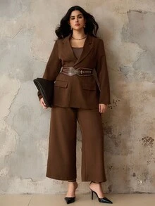 Roveilla 大码女式春/秋/冬法式浪漫西西里优雅休闲通勤度假下午茶派对纯色西装外套带金属装饰纽扣和衬里，松紧腰裤套装 - 棕色 - 查看 6