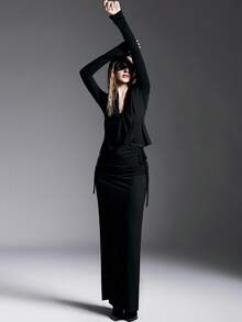 MYSTAURA Personalized Design Plunging Neckline Long Sleeve Drawstring Waist Skirt Set - Black - View 2