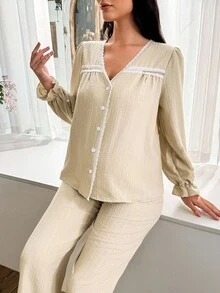 Moonlight&Mama Women's Casual Lace Trim V-Neck Top & Pants Maternity Pajama Set, Winter - Apricot - View 3