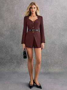 Poéselle 2件套女士鸡心领前扣长袖夹克和短裤套装 - 咖啡棕 - 查看 2