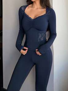 DAZY Romantic Lace Patchwork Fitted Pajama Set Fall Winter Clothes - Navy Blue - View 3