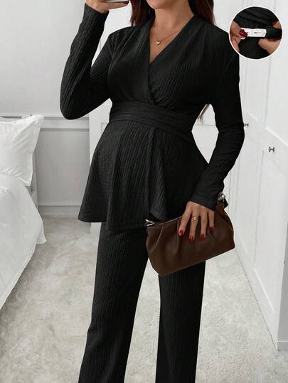 SHEIN 2pcs Maternity Solid Color Wrap Front Long Sleeve Top And Pants Elegant Set Black Two Piece Set Black Pants Suit Women Black Outfits For Women Elegant Jumpsuits Maternity Clothes Two Piece Suits