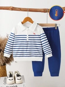 SHEIN 2pcs Boys Casual Blue & White Striped Polo Collar Outfit, Horse Embroidery Top + Elastic Cuff Pants, Autumn/Winter