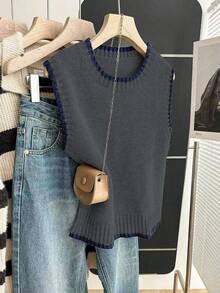 Franclia 女式休闲宽松圆领无袖针织撞色边卡其色毛衣上衣，春秋季 - 深灰色 - 查看 5