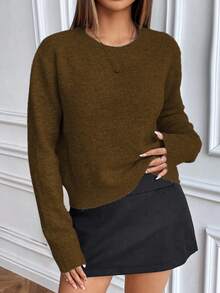 EMERY ROSE Áo len dệt kim cổ tròn tay dài màu trơn Slouchy - màu nâu - Xem 5