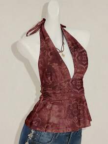 SHEIN ICON Halter Deep V-Neck Cinched A-Line Backless Vintage Paisley Print Bohemian Backless Camisole, Sexy Club Wear For Women, Y2K, Grunge, Goth Cyber Punk And Aesthetic Style - Multicolor - View 8