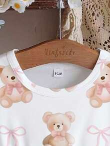 SHEIN Baby Girl Sweet Cute Bear Bow Heart Print Round Neck Long Sleeve A-Line Dress, Suitable For Outings In Autumn