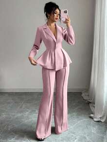 Elenzga 优雅束腰套装，时尚通勤喇叭修身裤，节日/约会装，独立日，女教师装 - 粉色 - 查看 6