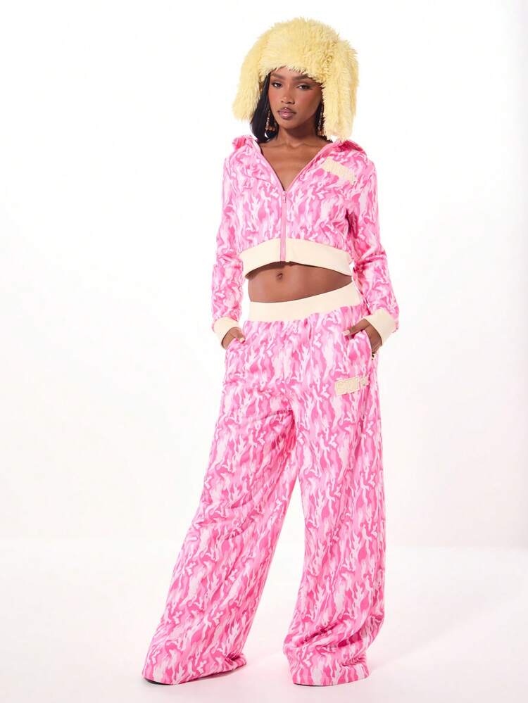 SUMWON WOMEN Áo hoodie ngắn tay in họa tiết rằn ri màu hồng dễ thương có khóa kéo toàn bộ kèm mũ lông nhân tạo cỡ lớn Áo khoác thời trang mùa đông có túi bên hông Phong cách đường phố Y2K - Hồng - Xem 4