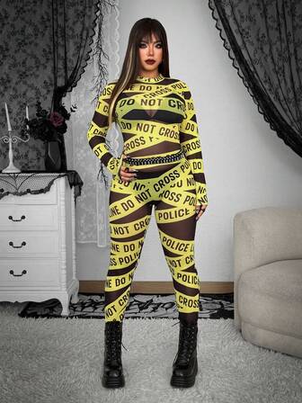 Whyspr 大码女式街头大胆前卫休闲朋克时尚英文字母印花紧身裤，高弹力，适合万圣节、音乐节、角色扮演