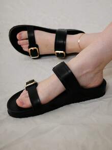 Solecia Casual Black Flat Sandals With Metal Square Buckle, Perfect For Vacation Spring Shoes Spring Break Easter For Christmas - Black - View 8