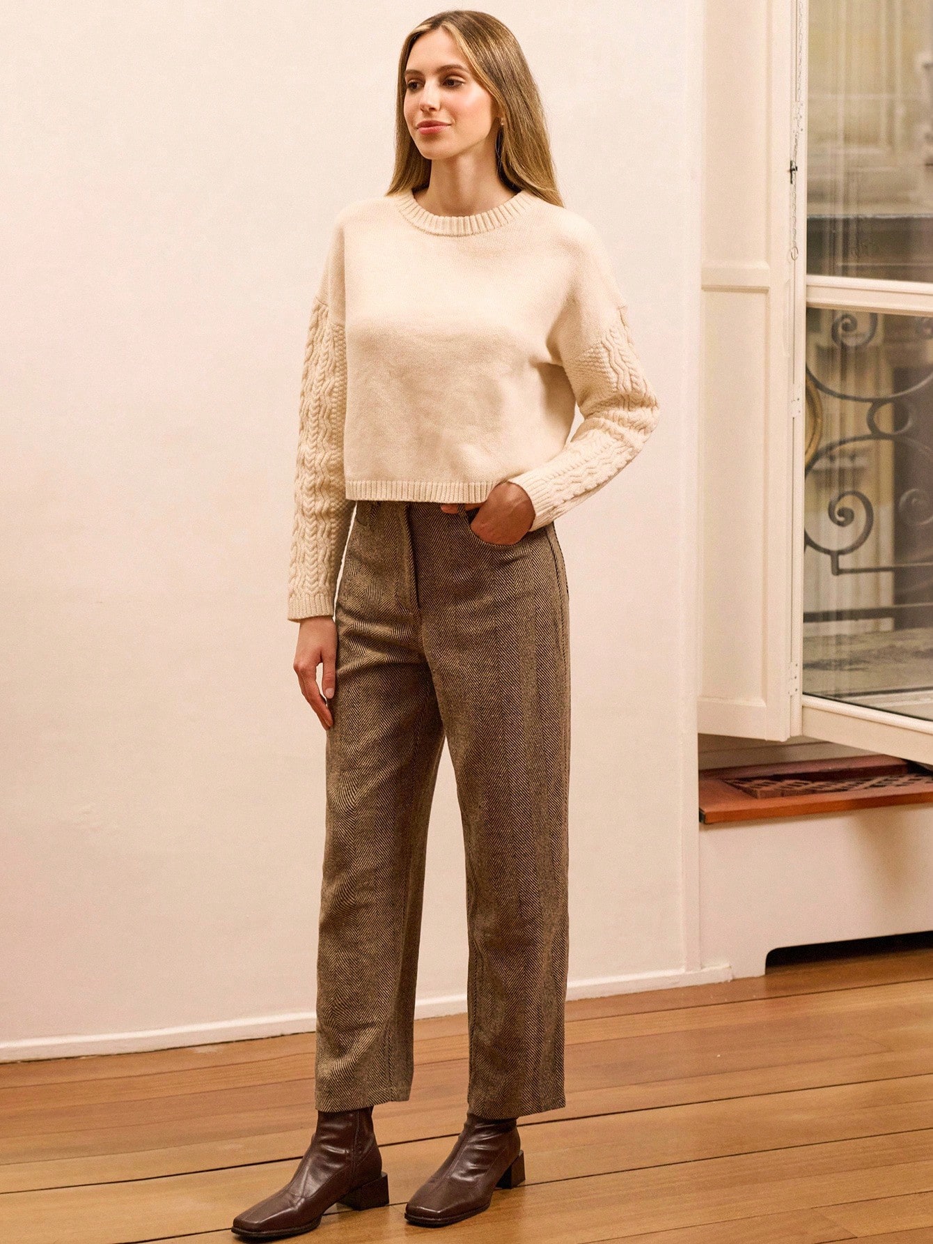 Cable Sleeve Jumper With Slit Back Detail Spring Women Spring Spring Women Spring Summer Office Top Business Casual Top