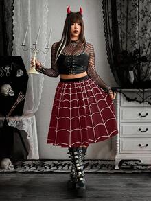 Whyspr New Vintage Gothic Dark Style Spider Web Elastic Waist Flared Skirt, Halloween Cosplay - Burgundy - View 6