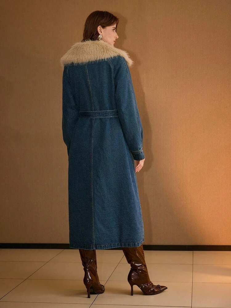 CONTRAST FUZZY COLLAR BELTED DENIM WINTER COAT