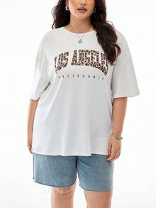 SHEIN EZwear Plus Leopard & Letter Graphic Drop Shoulder Tee - White - View 1