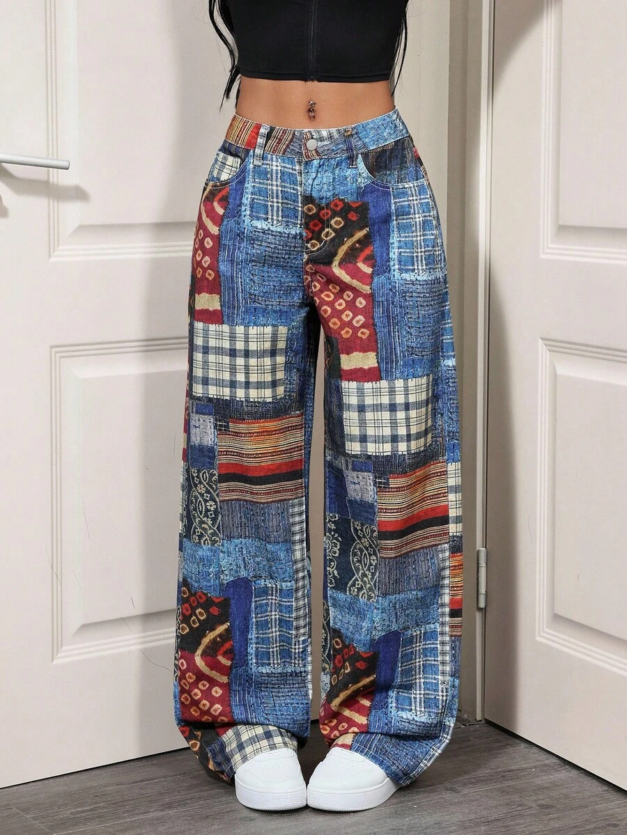 SHEIN Tall Quần jeans ống đứng cạp cao in họa tiết giặt - Nhiều màu - Xem 1