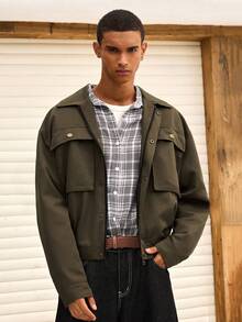 SWAVVY Áo khoác nam dáng rộng, màu trơn, dáng suông, có túi, thời trang dạo phố, dành cho mùa thu đông - xanh quân đội - Xem 3