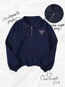 SHEIN Casual Comfortable Teen Girl Collegiate Versatile Letter & Bow Print Half-Zip Up Loose Fit Sweatshirt