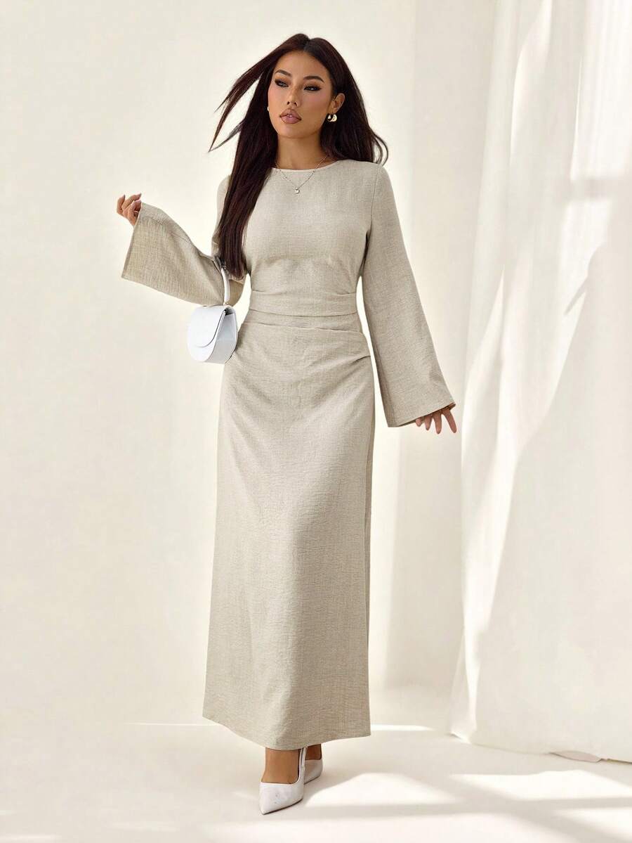 SHEIN PETITE 女式夏季纯色亚麻混纺休闲优雅连衣裙， - 杏色 - 查看 1