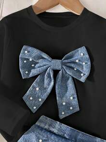Elladie kids Girls' Casual Fashion Daily Street Crew Neck Long Sleeve Bow & Pearl Design T-Shirt With High Waist Short Denim Skort, Back To School Outfit, All Season