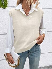 SHEIN LUNE Chaleco de punto de unicolor con cuello en V, casual y versátil - Beis - Ver 4