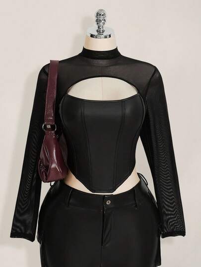 SHEIN ICON 女式加大码秋冬皮革撞色网眼黑色修身T恤