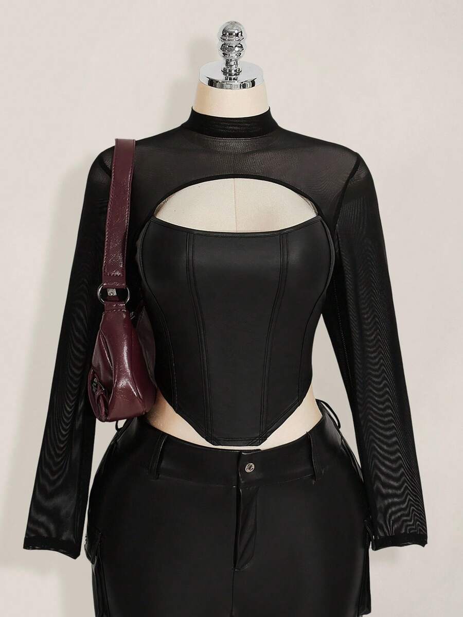 SHEIN ICON Women's Plus Size Autumn/Winter Retro Sexy Casual Fashion Bold Avant-Garde Mesh Patchwork PU Hollow-Out Black Long-Sleeved Fitted T-Shirt - Black - View 1