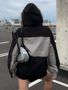 DAZY 女式休闲拼接拉链连帽夹克，秋季 - 黑色 - 查看 2