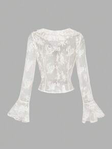 SHEIN MOD Women's Ruffled Flare Sleeve Lace Fitted Blouse,Fall /Winter,Women's Halloween Costume,Party , Elegant ,Luxury,Autumn Outfits For Women , Lace Blouse, Lace Tops, Lace Shirts - Apricot - View 2