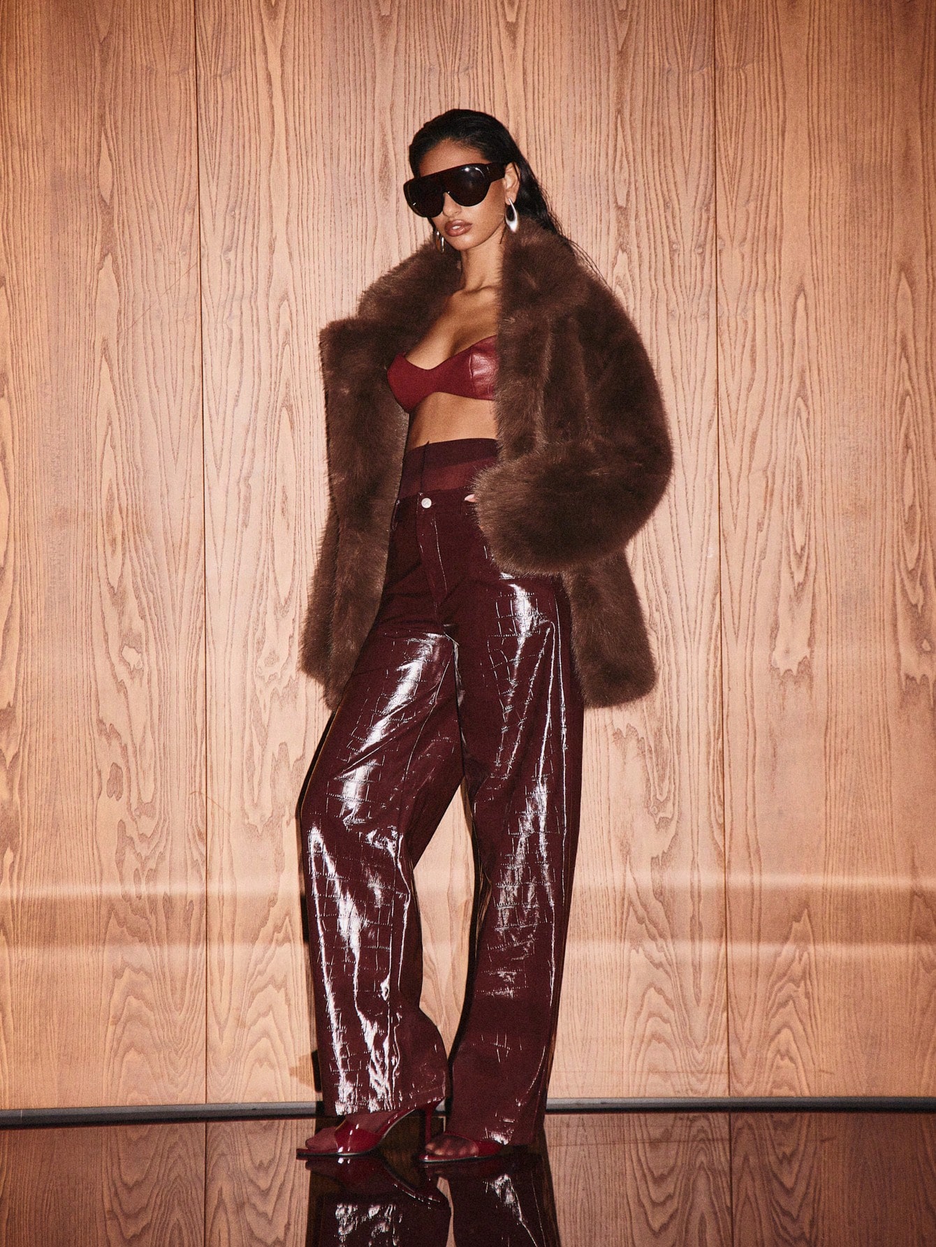 KIZN Plush Faux Fur Coat With Oversized Collar And Long Sleeves