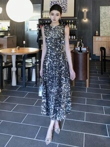 DAZY 女士亮片韩版无袖圆领礼服，适合宴会、舞会、吊带裙、闪亮连衣裙、长款连衣裙 - 銀色 - 查看 7