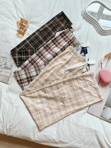 SHEIN 3件套女士休闲缎面蝴蝶结松紧腰格子印花睡裤套装，秋冬服装 - 彩色 - 查看 6