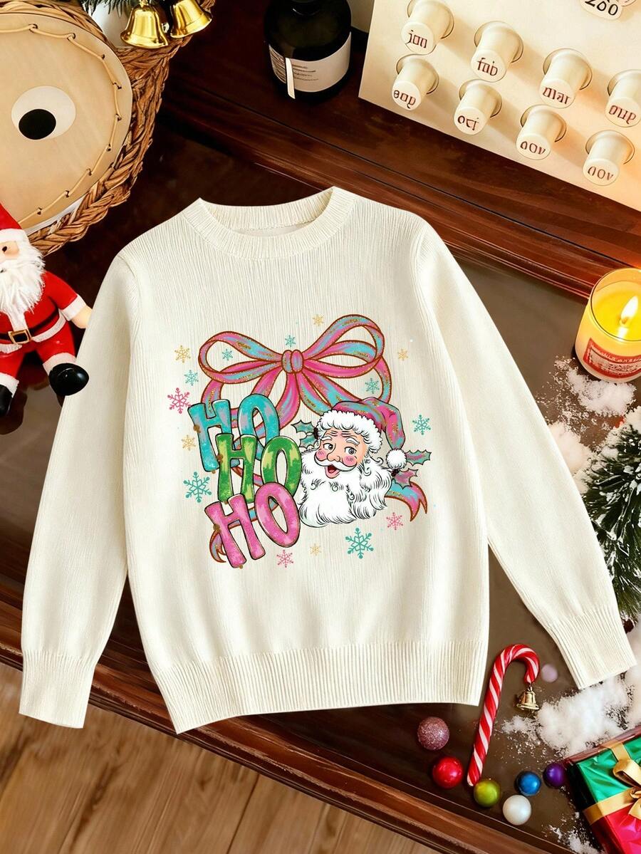 SHEIN Beiger Langarm-Pullover für Mädchen, süßer Herbst-Weihnachts-Pullover mit Weihnachtsmann-Grafikdruck und Schleifen, lockerer Schnitt, Familien-Matching-Pullover für beste Freundinnen - Weiss - Übersicht 1