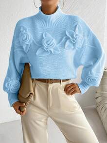 Almamuse Solid Color High Neck 3D Floral Decor Long Sleeve Pullover Sweater - Blue - View 4