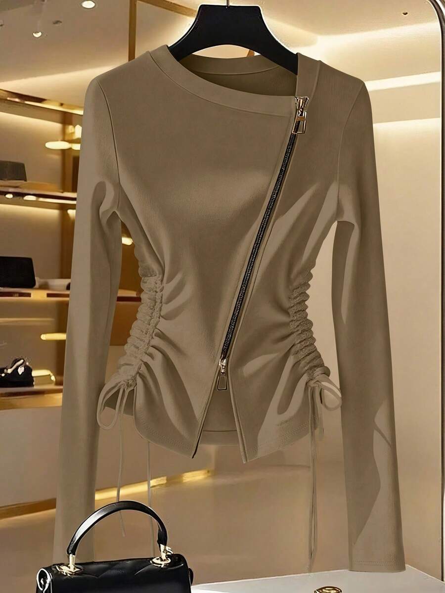 SHEIN Franclia Fashionable French Chic Side Cinched Asymmetrical Collar Metal Zipper White Women Long Sleeve T-Shirt, Spring/Autumn Designer - Khaki - View 1