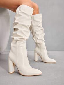 CUCCOO SZL 尖头粗高跟秋冬靴，性感女士过膝靴，侧拉链 - 白色 - 查看 7