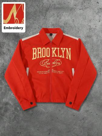 Street Life Chaqueta con cremallera con estampado gráfico en inglés americano casual y de moda para hombre, otoño