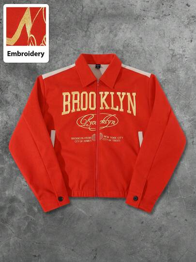 Street Life Men Casual Fashionable Street American English Graphic Print Zip-Up Jacket, Fall