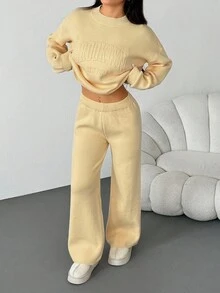 INAWLY 2件套女式字母压花长袖上衣和裤子黄色毛衣套装 - 黃色 - 查看 2