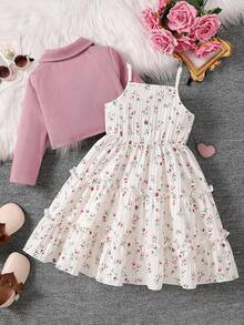 SHEIN Elladie kids 2件組少女夏季時尚翻領長袖外套與鬆緊腰花卉印花吊帶洋裝，親子款休閒度假穿搭 - 粉色 - 查看 2
