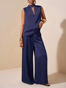 Zivah 2025 Spring/Summer New Music Festival, Easter, St. Patrick's Day, Western, Nomadic, Birthday Party, Graduation, College, Student, Daily Casual, Basic, Leisure, Vacation, Cruise, Beach, Sunbathing, Viral Hit, Streetwear, Wedding Guest Boho, Commute, Brunch, Airport Outfit 2 Pieces Set: Satin-Faced Acetate Linen-Like Mock Neck Ruched Sleeveless Top And Suit Pants - Navy Blue - View 4