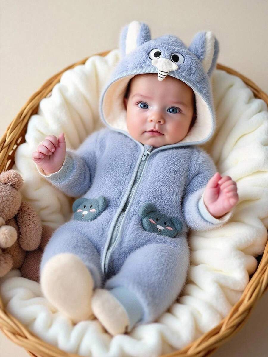 SHEIN 秋冬新生儿大象连体衣,婴儿连体衣套装,超可爱婴儿冬季服装,男婴户外爬行服 - 藍色 - 查看 1