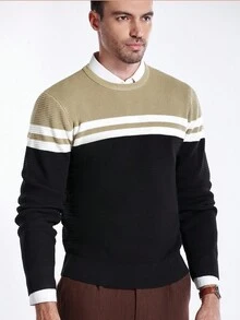 Formmaro Men's Casual Colorblock Crew Neck Long Sleeve Pullover Sweater , Fall/Winter - Black - View 5