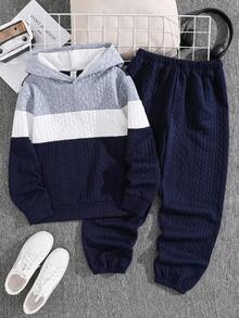 SHEIN Bộ 2 chiếc áo hoodie và quần jogger rộng rãi thoải mái cho bé trai/trẻ vị thành niên - Nhiều màu - Xem 3