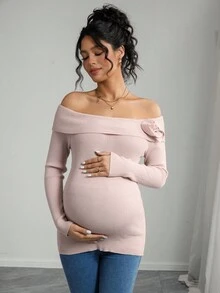 SHEIN Elegant Maternity Foldover Off Shoulder Sweater, Simple Solid Color 3D Floral Design, Suitable For Spring And Autumn - Apricot - View 5