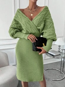 EMERY ROSE Vestido de punto con mangas de murciélago, bajo dividido y envolvente, conjunto de dos piezas de punto, conjunto de suéter y falda, conjunto de dos piezas de invierno - Verde - Ver 6