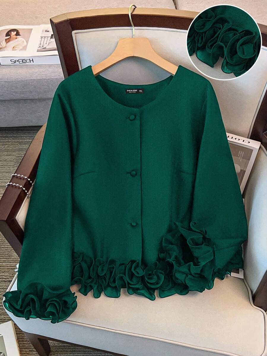 GlowEve CURVE Chaqueta de manga larga y cuello redondo para mujer de talla grande, diseño minimalista versátil adecuado para el uso diario en otoño/invierno, con detalle de puño con volantes - Verde Oscuro - Ver 1